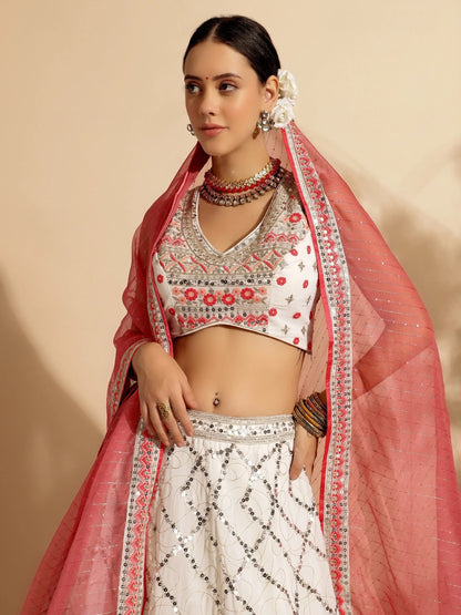 Tantalizing White Sequins Work Georgette Lehenga Choli With Dupatta - Zeel Clothing
