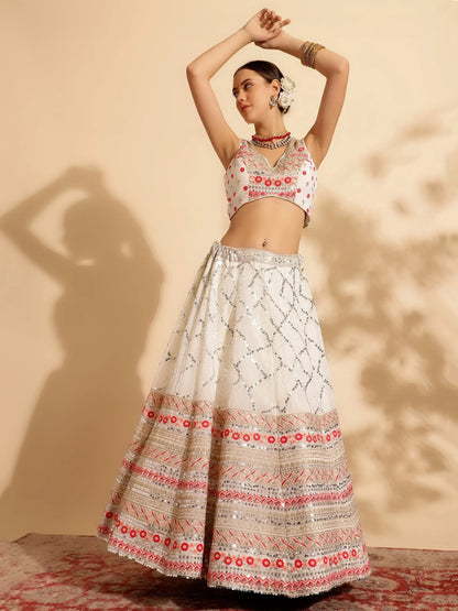 Tantalizing White Sequins Work Georgette Lehenga Choli With Dupatta - Zeel Clothing