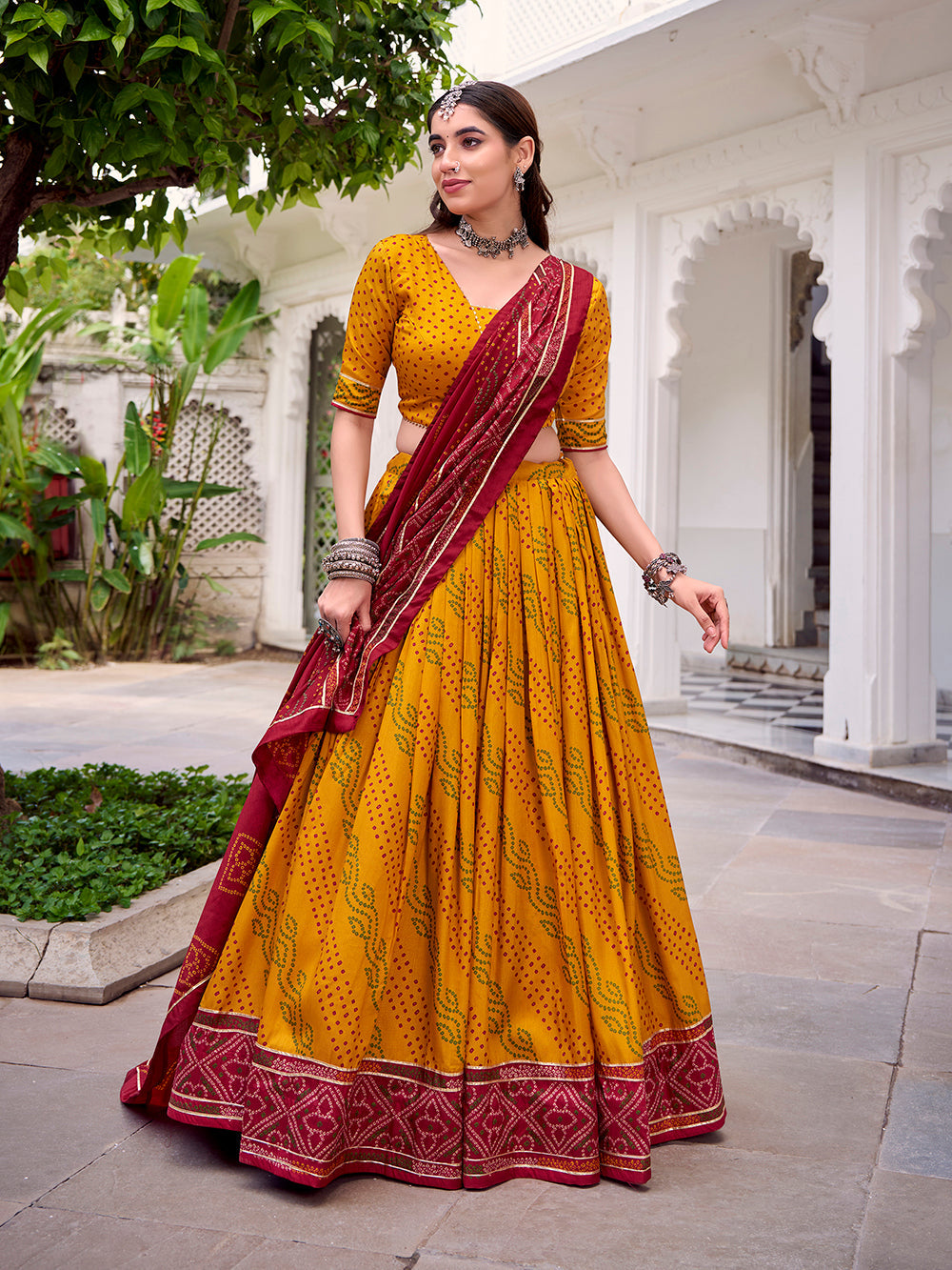 Yellow Color Bandhej Print With Gotta Patti Lace Tasar Silk Lehenga Choli