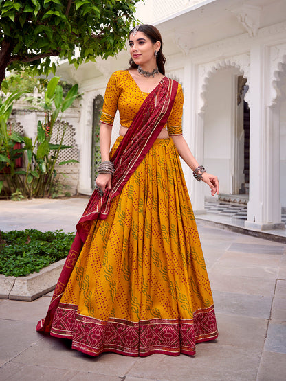 Yellow Color Bandhej Print With Gotta Patti Lace Tasar Silk Lehenga Choli