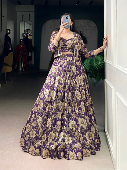 Violet Color Floral Printed Tasar Silk Co-ord Set