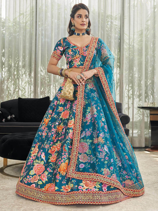 Teal Blue Floral Printed Art Silk Wedding Wear Lehenga Choli - Zeel Clothing