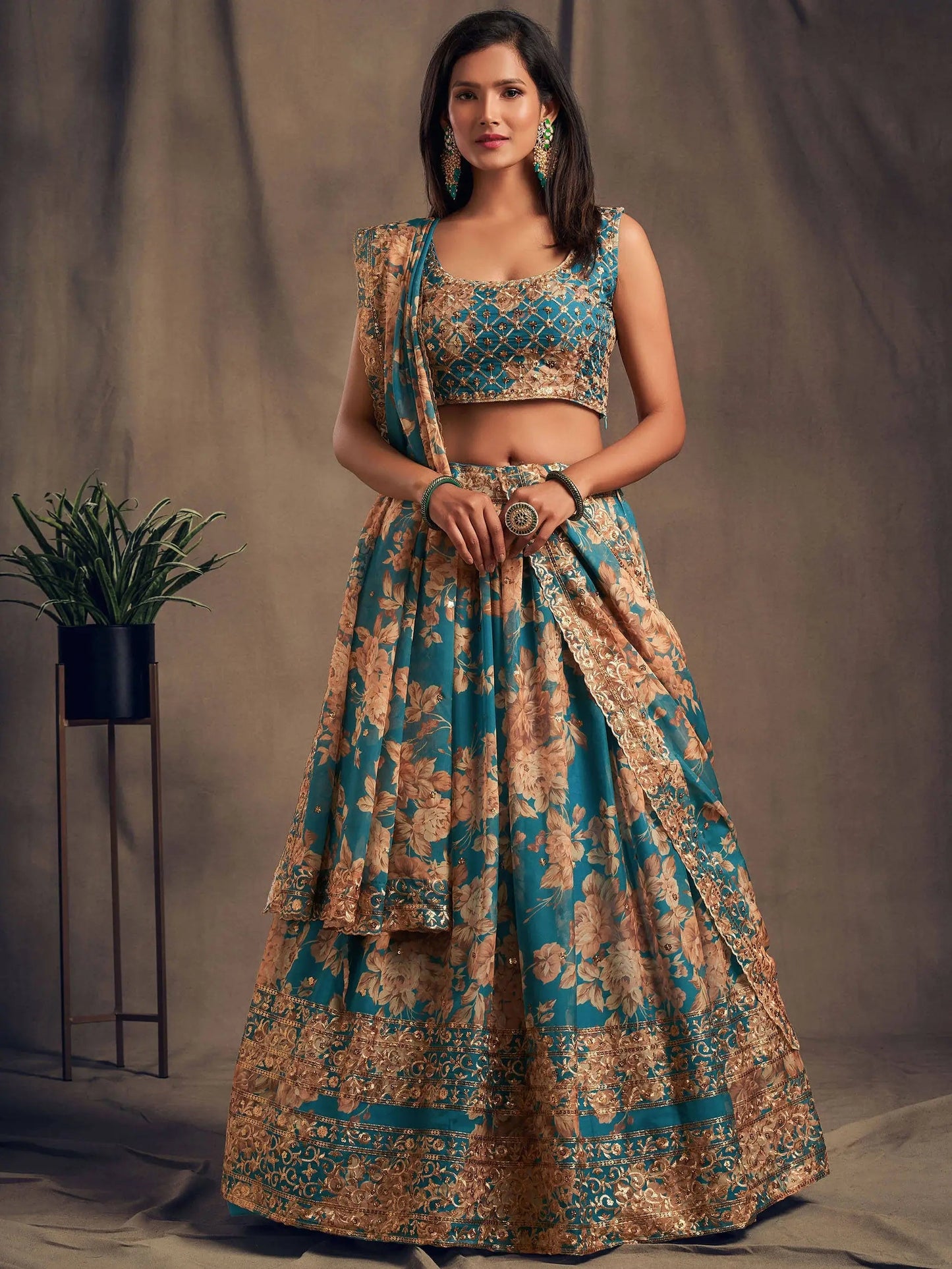 Teal Blue Floral Printed Organza Festival Lehenga Choli - Zeel Clothing