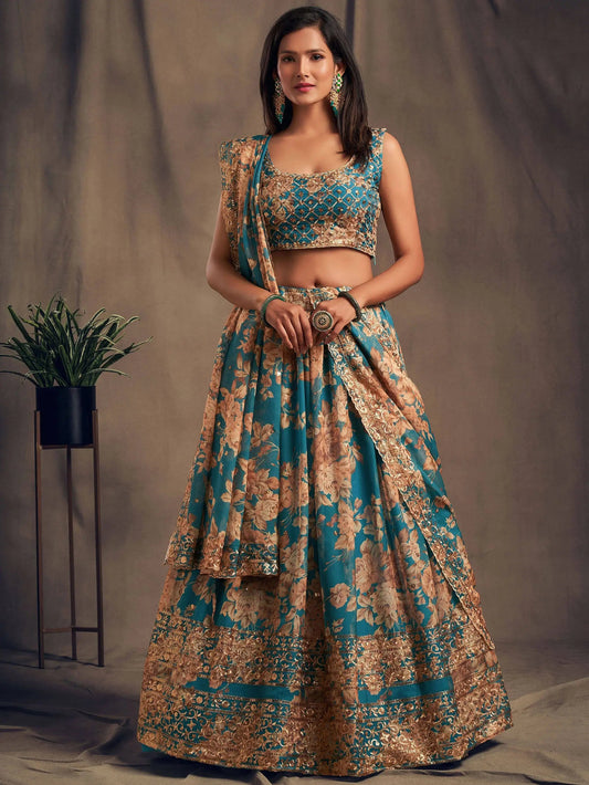 Teal Blue Floral Printed Organza Festival Lehenga Choli - Zeel Clothing