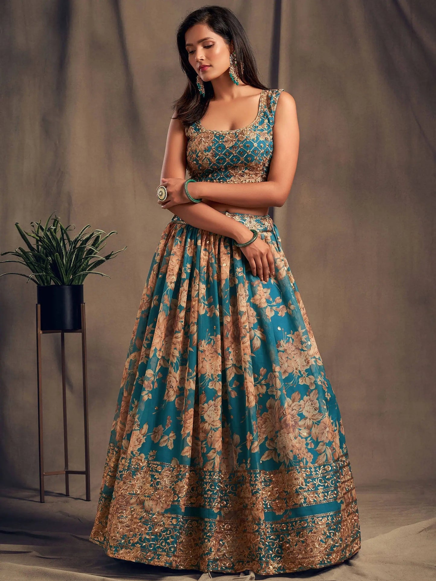 Teal Blue Floral Printed Organza Festival Lehenga Choli - Zeel Clothing