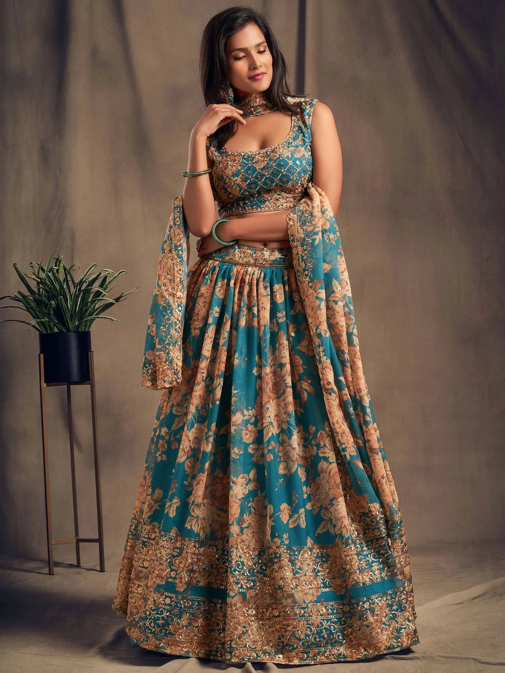 Teal Blue Floral Printed Organza Festival Lehenga Choli - Zeel Clothing