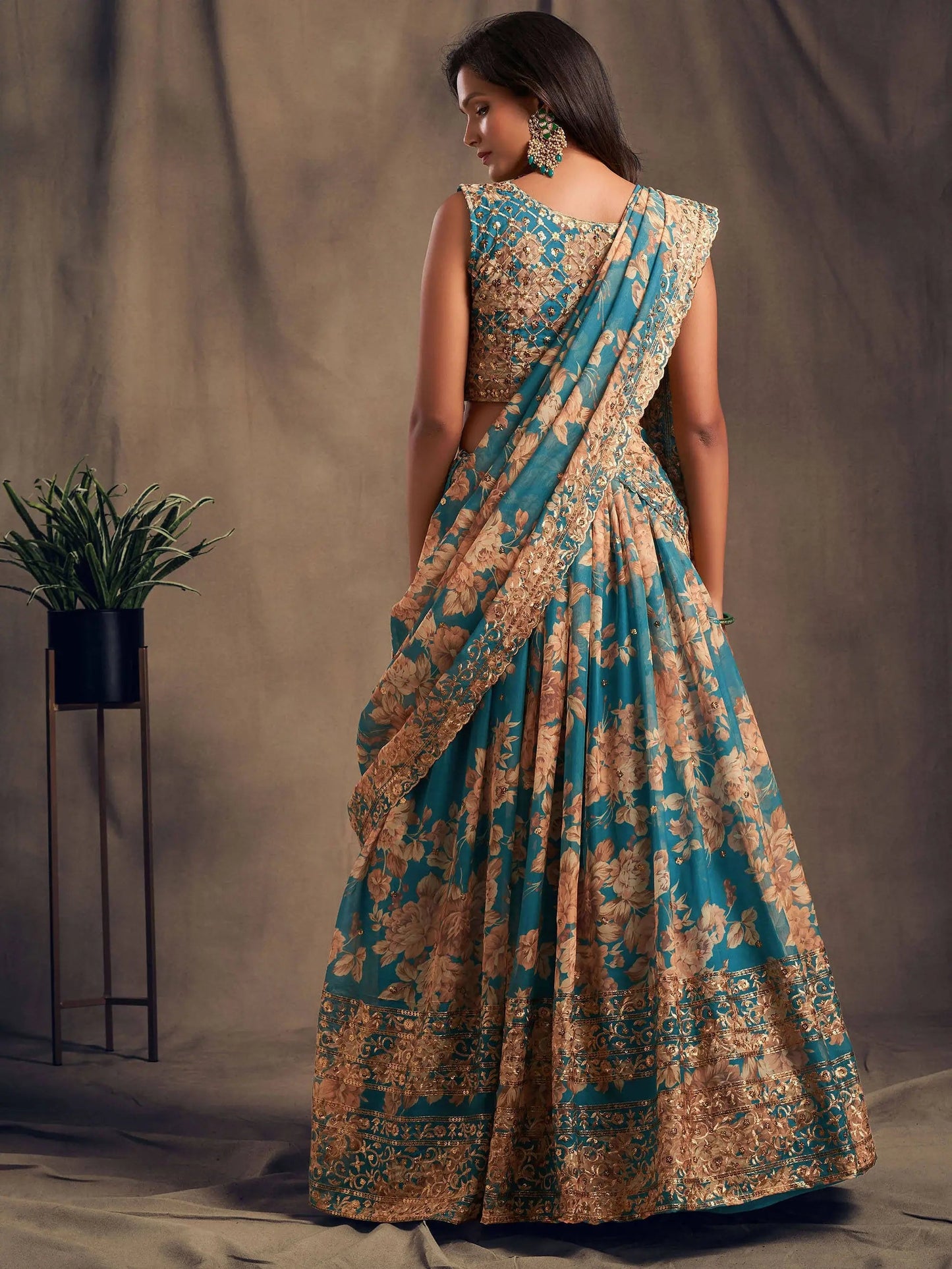 Teal Blue Floral Printed Organza Festival Lehenga Choli - Zeel Clothing