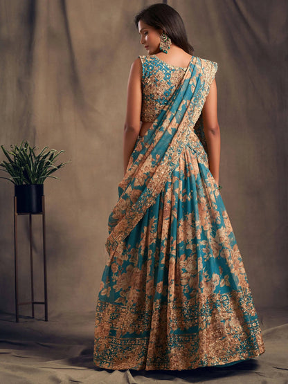 Teal Blue Floral Printed Organza Festival Lehenga Choli - Zeel Clothing