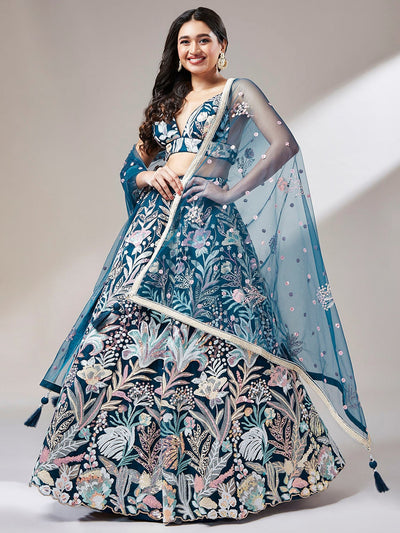 Gorgeous Teal Blue Sequins Net Designer Lehenga Choli With Dupatta