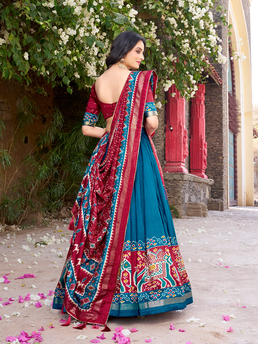 Teal Color Patola Printed Tussar Silk Lehenga Choli