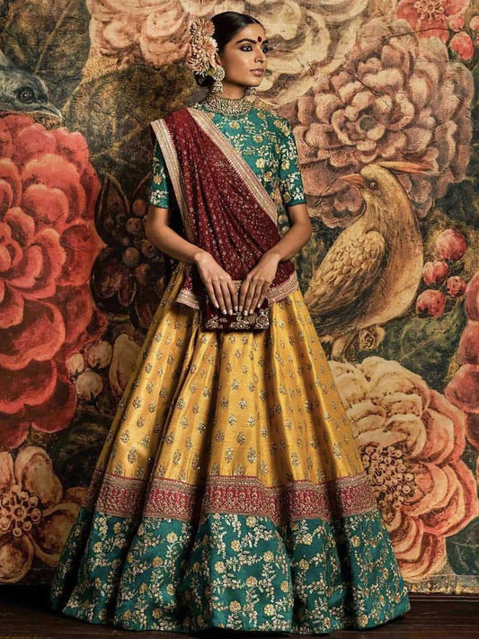 Teal Green and Yellow Embroidered Bridal Lehenga Choli - Zeel Clothing