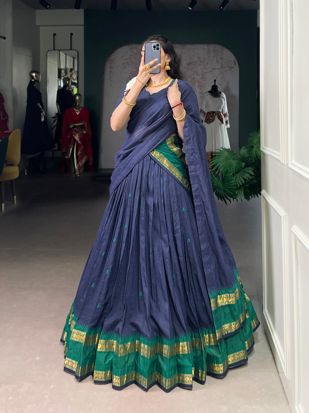 Navy Blue Color Zari Weaving Work Chanderi Lehenga Choli