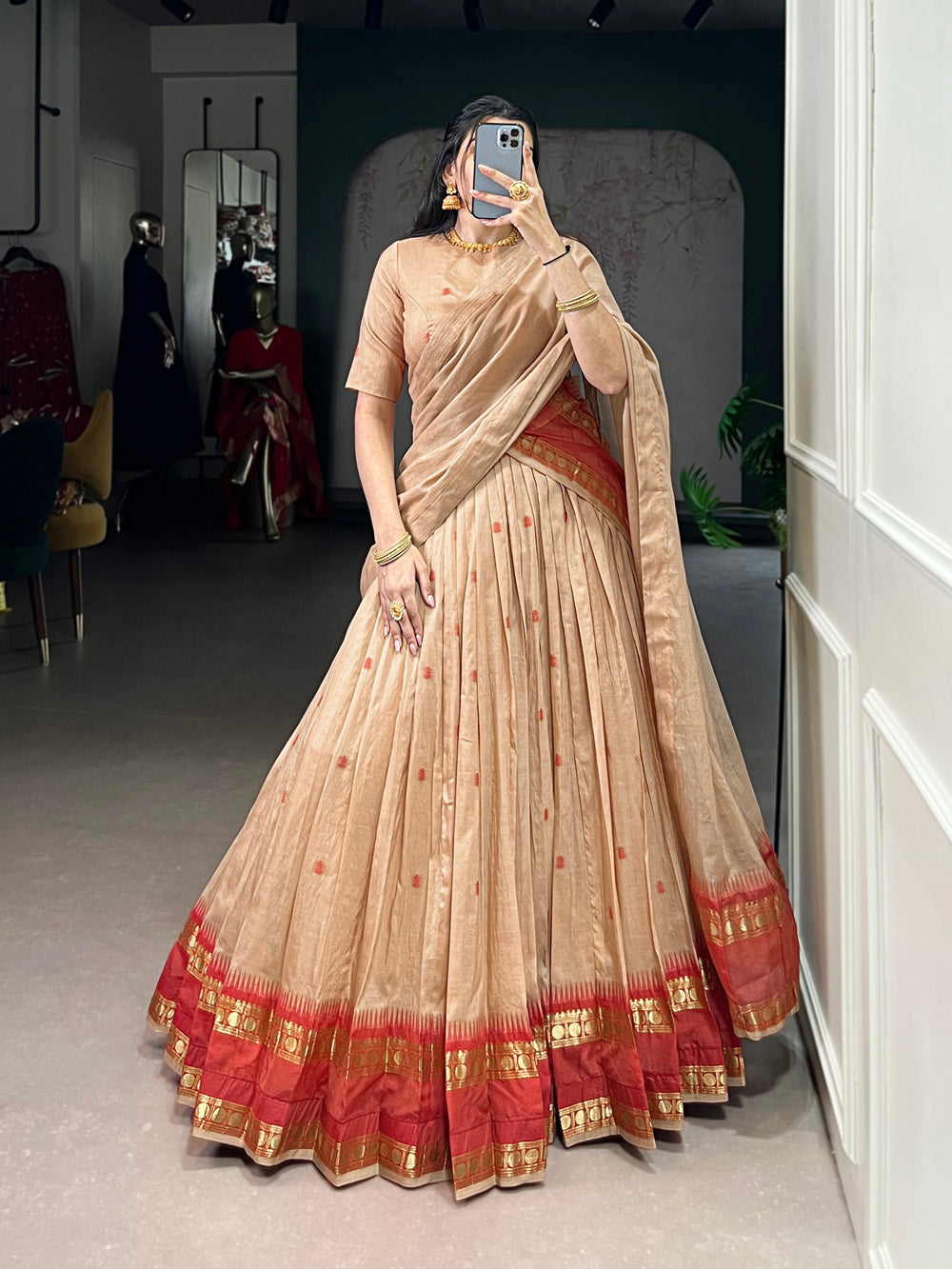 Cream Color Zari Weaving Work Chanderi Lehenga Choli