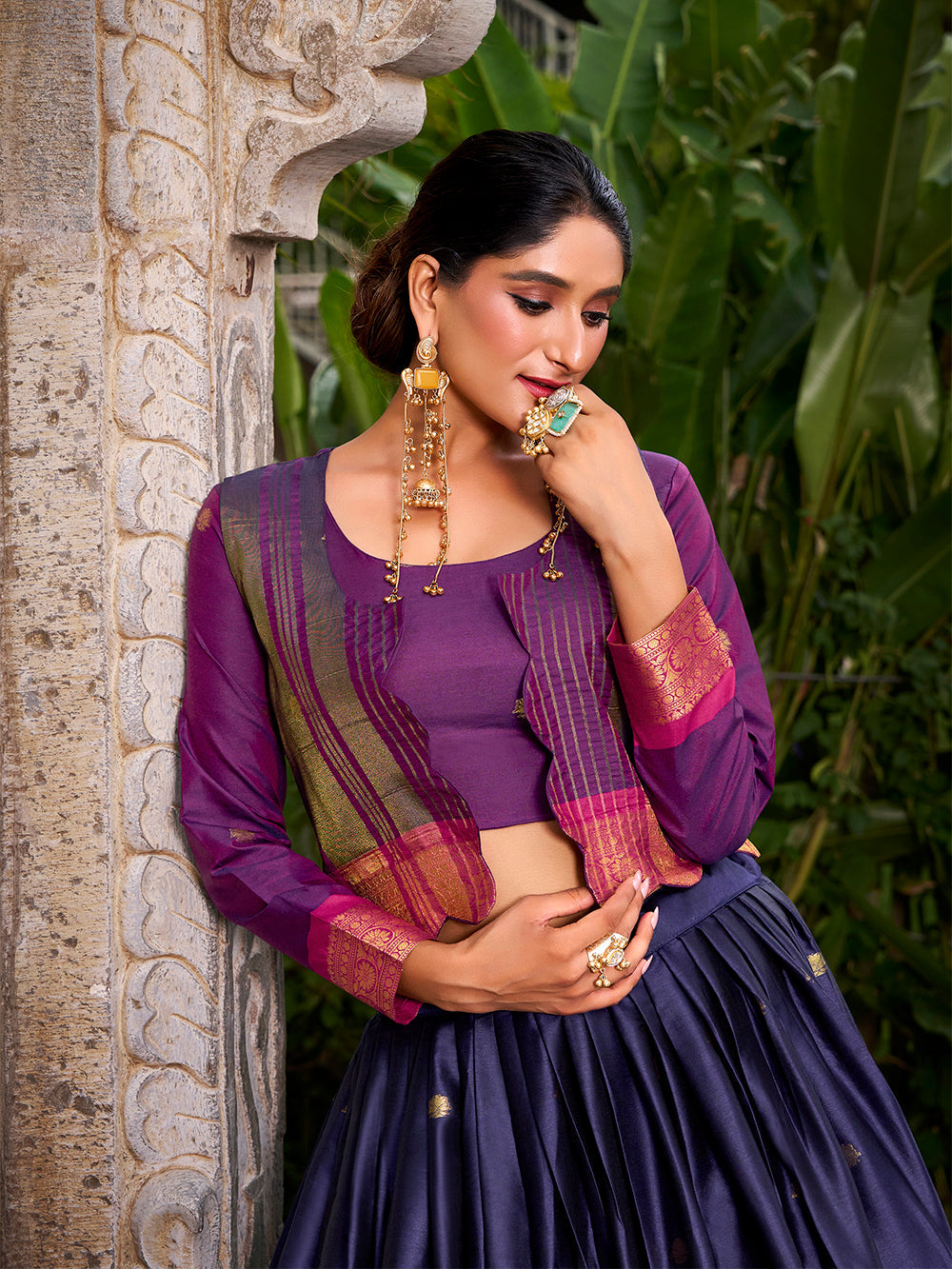 Navy Blue Color Zari Weaving Work Poly Cotton Lehenga Choli