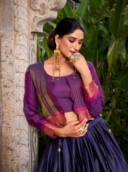 Navy Blue Color Zari Weaving Work Poly Cotton Lehenga Choli