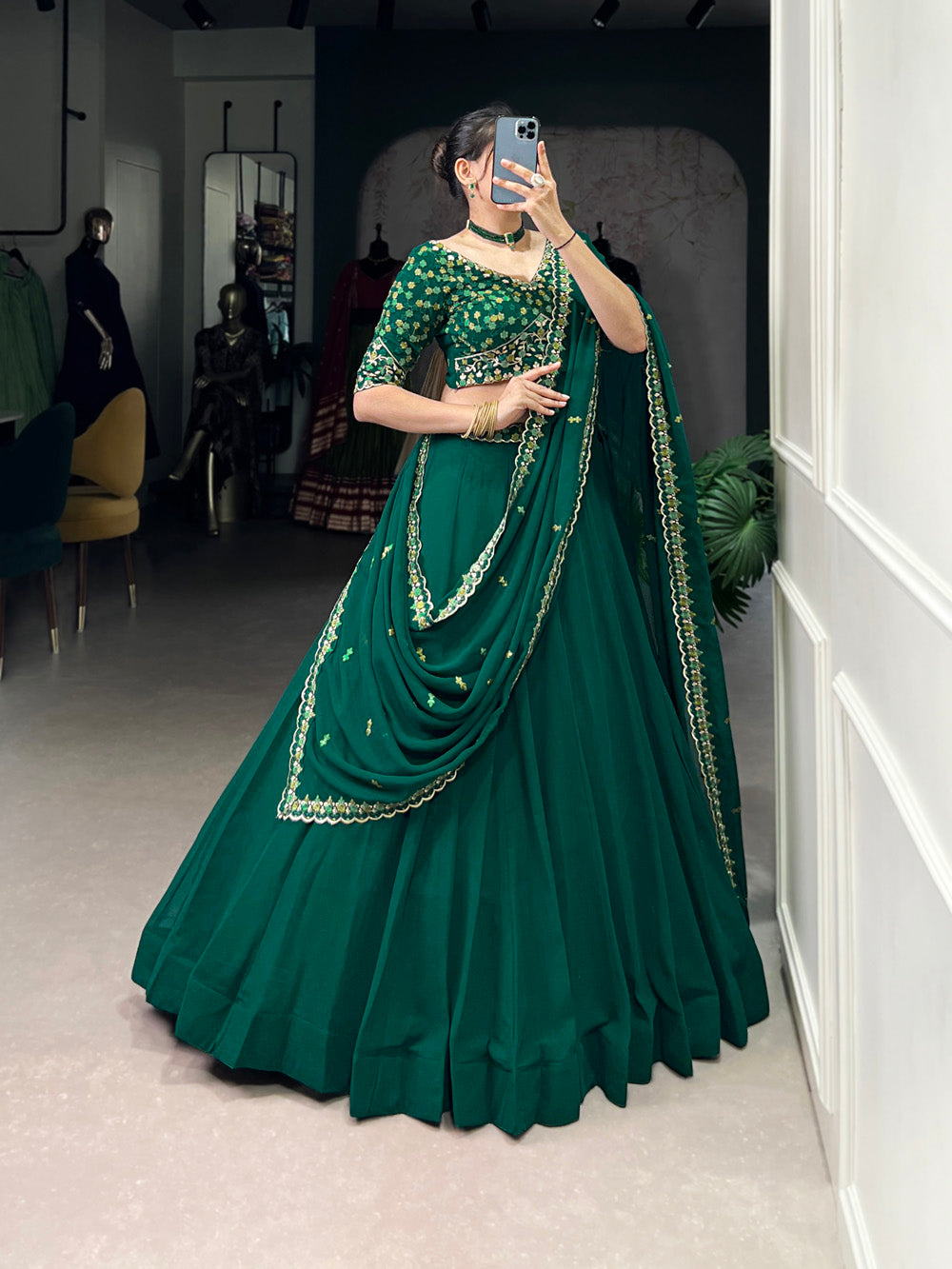 Bottle Green Color Thread Embroidery Work Georgette Lehenga Choli
