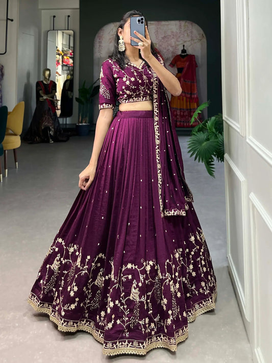 Timeless Wine Thread Embroidered Vichitra Silk Engagement Wear Lehenga Choli - Zeel Clothing