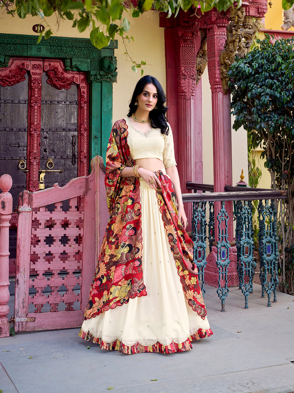 Off White Color Sequins And Thread Embroidery Work Vichitra Silk Lehenga