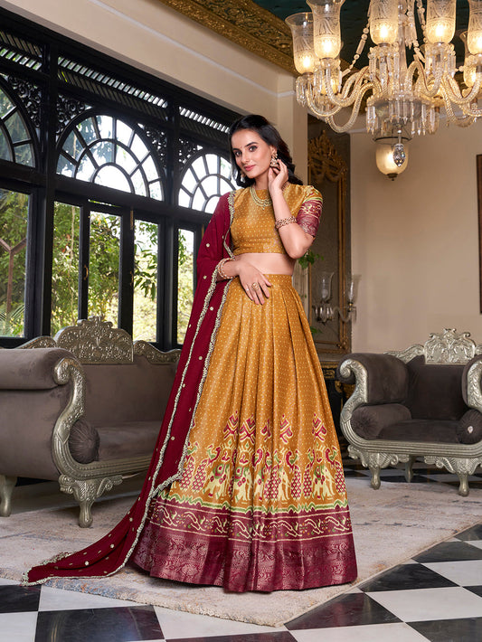 Mustard Color Printed With Zari Weaving Work Kanchipuram Lehenga Choli