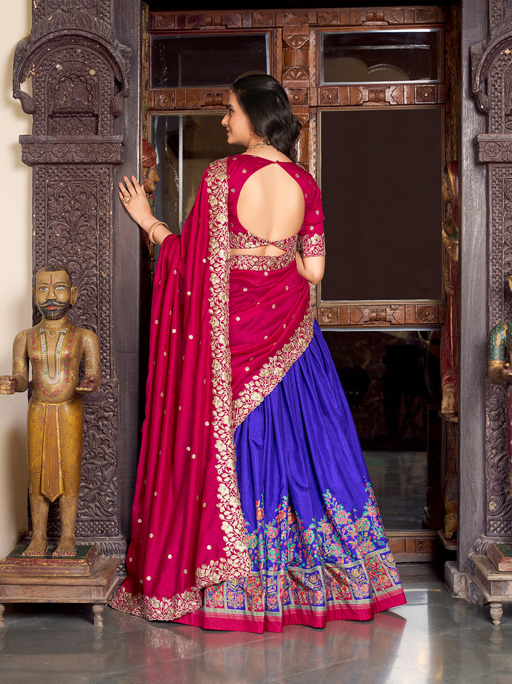 Royal Blue Color Printed With Foil Work Tussar Silk Lehenga Choli