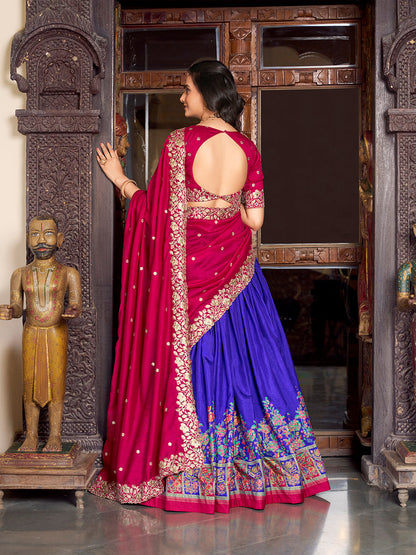 Royal Blue Color Printed With Foil Work Tussar Silk Lehenga Choli