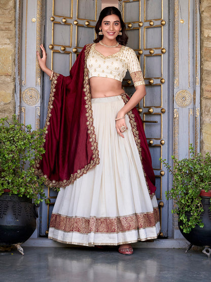 Off White Color Zari Weaving Work Lace Border Vichitra Silk Lehenga Choli