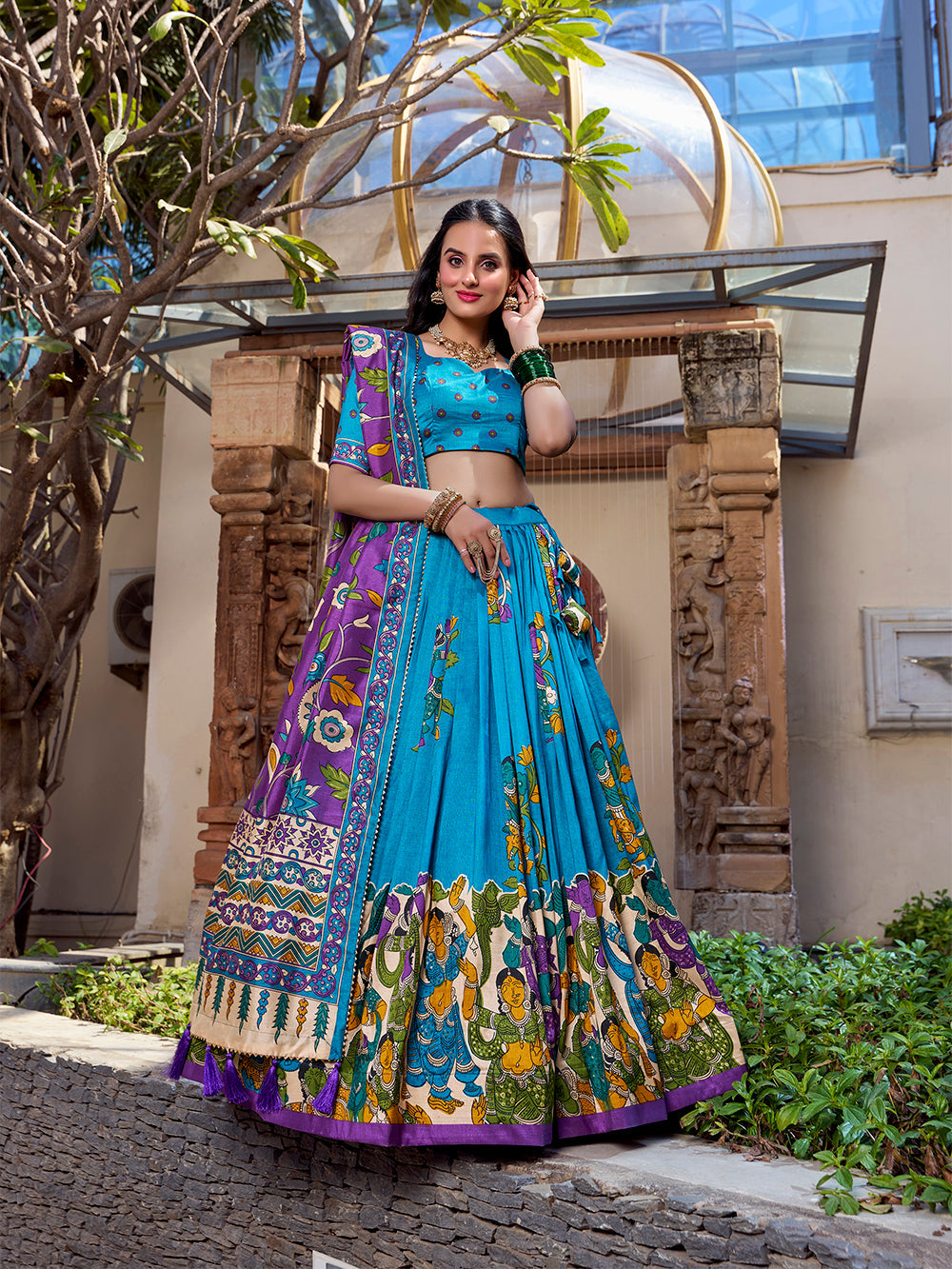 Firozi Color Kalamkari Print With Foil Work Tussar Silk Lehenga Choli