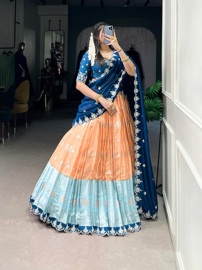 Orange Color Zari Weaving Work Sequins And Embroidery Border With Zari Kota Wedding Wear