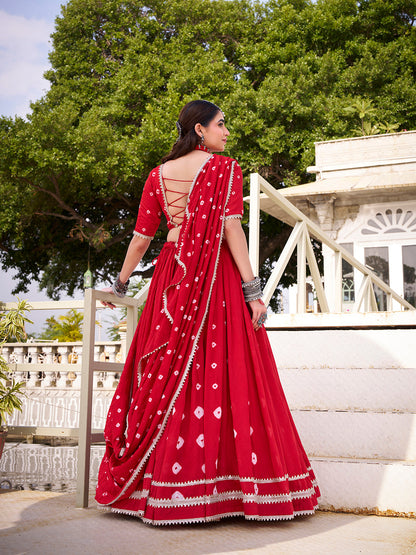 Red Color Bandhej Print With Lace Touch Up Chanderi Chaniya Choli