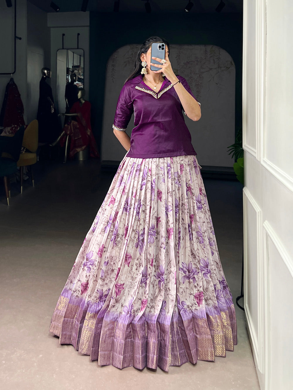 Purple Color Floral Print With Zari Weaving Work Dola Chex Co-Ord Set