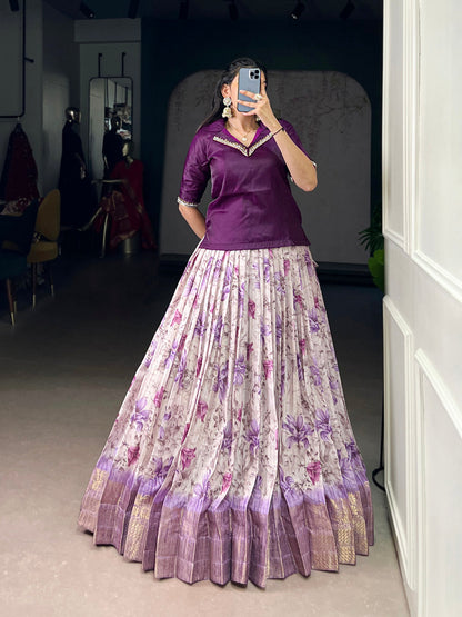 Purple Color Floral Print With Zari Weaving Work Dola Chex Co-Ord Set