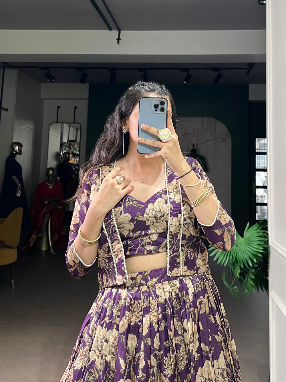 Violet Color Floral Printed Tasar Silk Co-ord Set