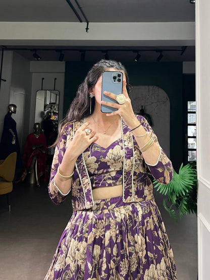 Violet Color Floral Printed Tasar Silk Co-ord Set