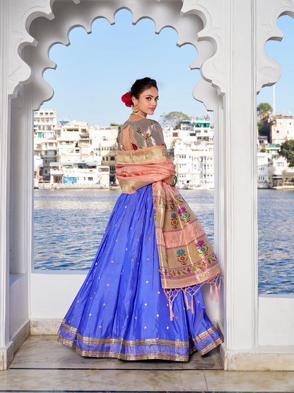 Blue Weaving Zari Work With Jacquard Silk (Paithani) Lehenga Choli