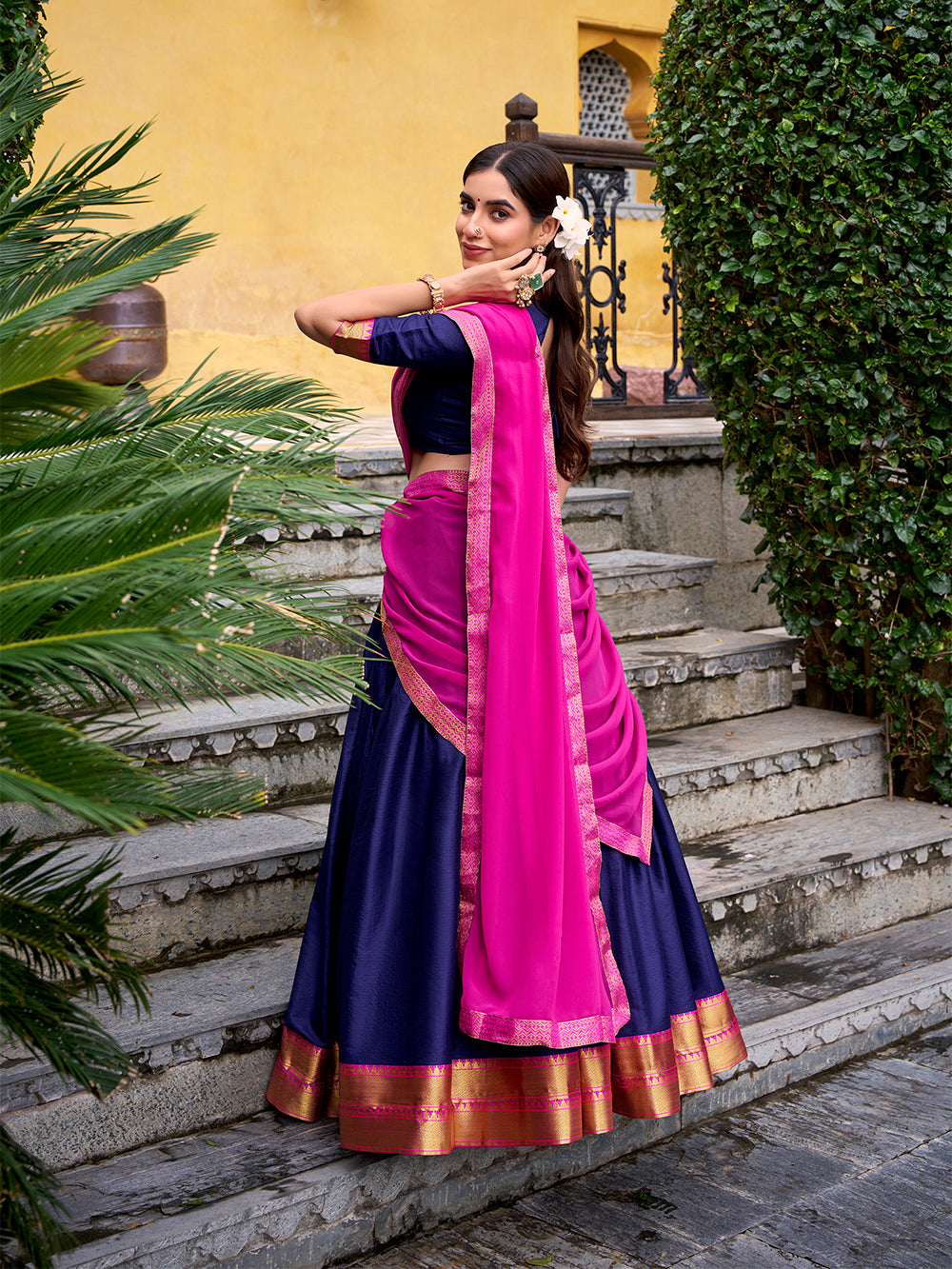 Navy Blue Color Zari Weaving Work Poly Cotton Lehenga choli