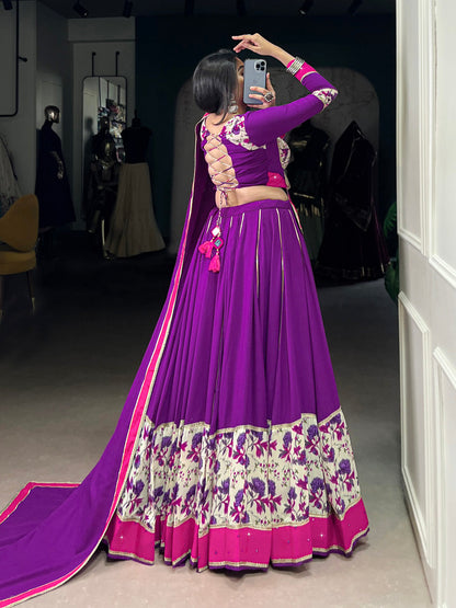 Purple Color Printed And Original Mirror Lace Border Rayon Lehenga Choli