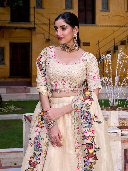 Cream Color Sequince And Thread Embroidery Work Raspberry Lehenga Choli