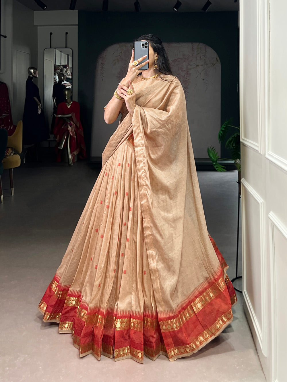 Cream Color Zari Weaving Work Chanderi Lehenga Choli