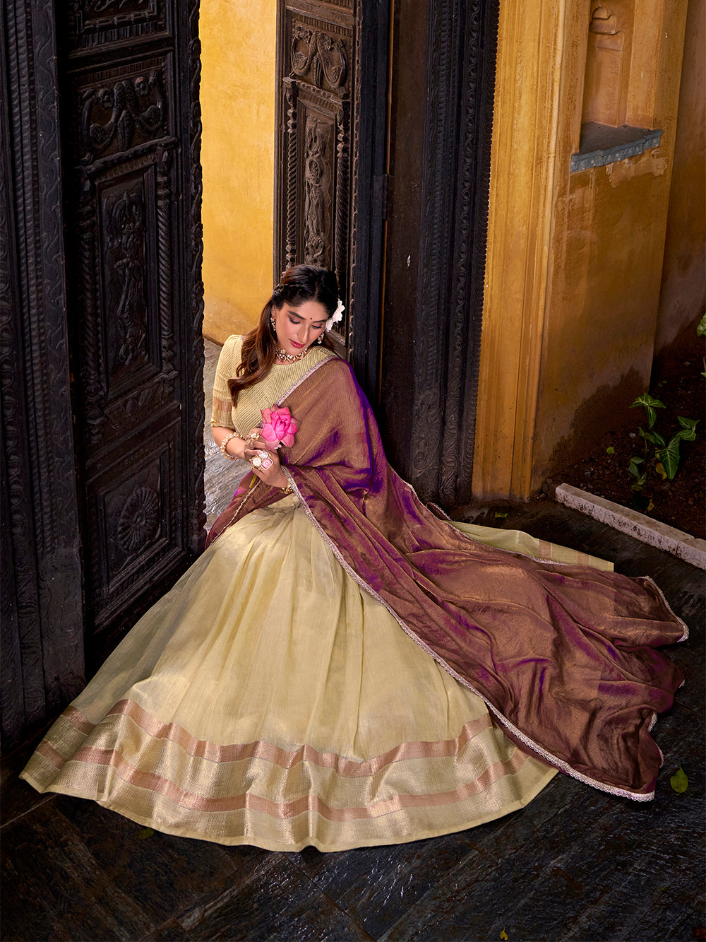 Yellow Color Zari Weaving Work Dupion Silk Lehenga Choli