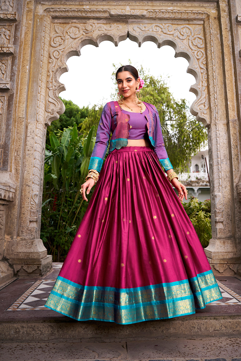 Pink Color Zari Weaving Work Poly Cotton Lehenga Choli