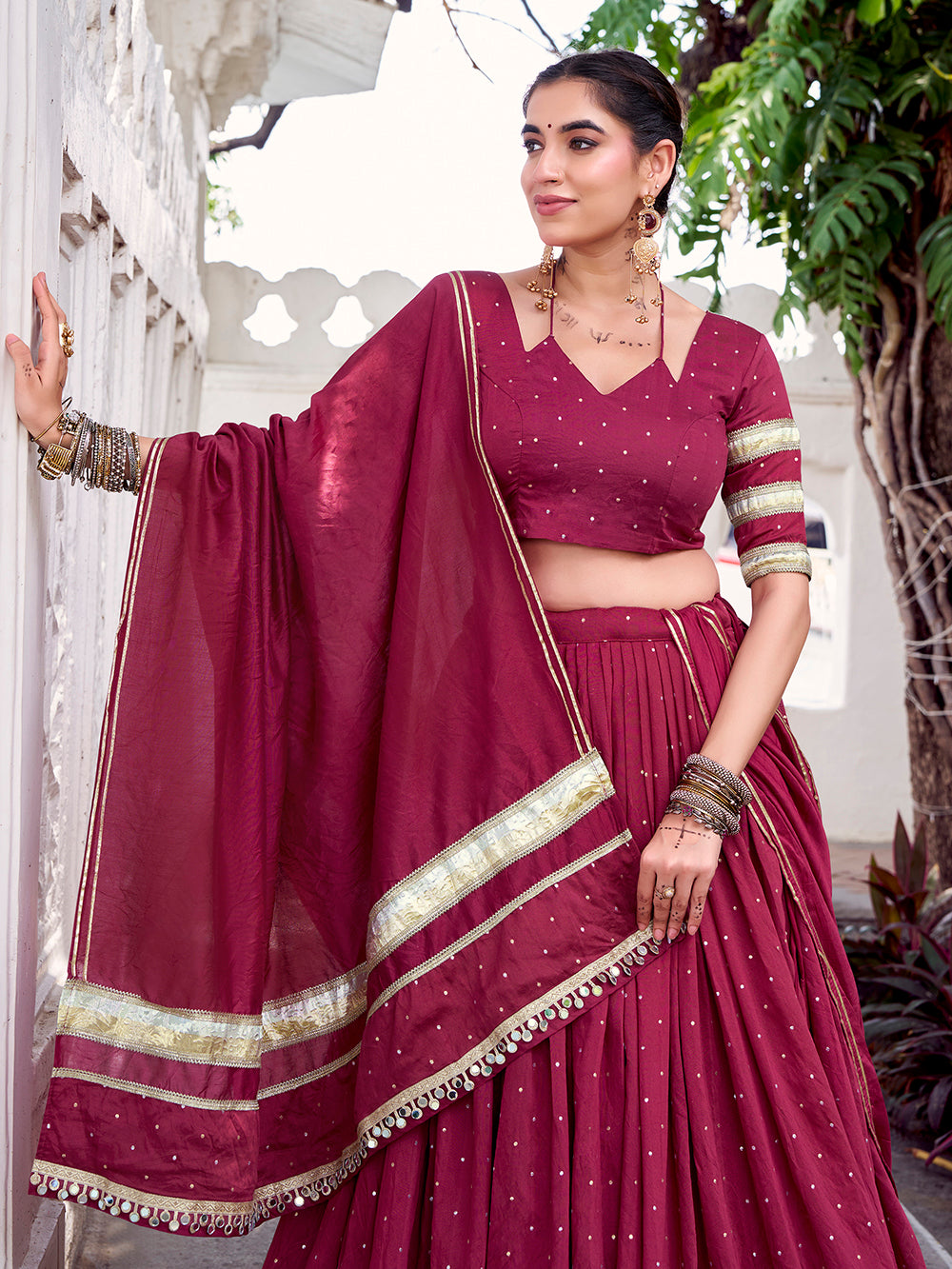 Maroon Color Zari Weaving Work With Embossed Design Chanderi Lehenga Choli
