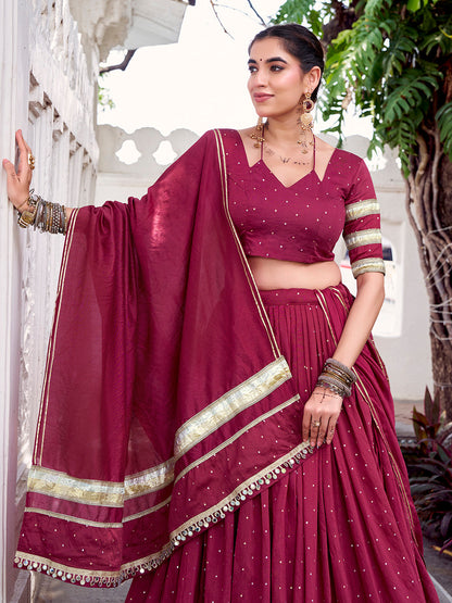 Maroon Color Zari Weaving Work With Embossed Design Chanderi Lehenga Choli
