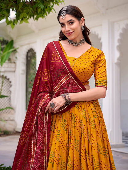 Yellow Color Bandhej Print With Gotta Patti Lace Tasar Silk Lehenga Choli
