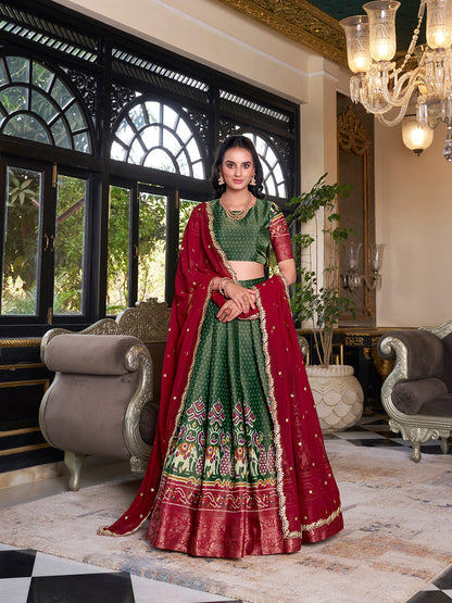 Green Color Printed With Zari Weaving Work Kanchipuram Lehenga Choli