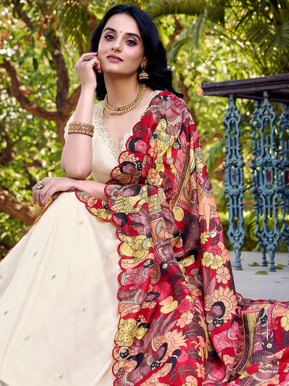 Off White Color Sequins And Thread Embroidery Work Vichitra Silk Lehenga