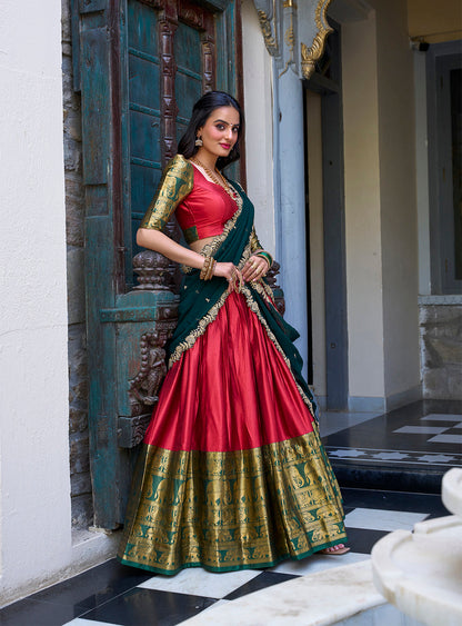 Red Color Zari Weaving Work Narayan Pattu Lehenga Choli