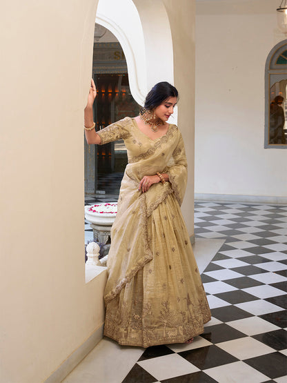 Off White Color Sequins and Thread Embroidery Work Gold Crush Lehenga Choli
