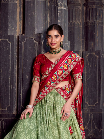 See Green Color Ikkat Patola Printed Tasar Silk Lehenga Choli