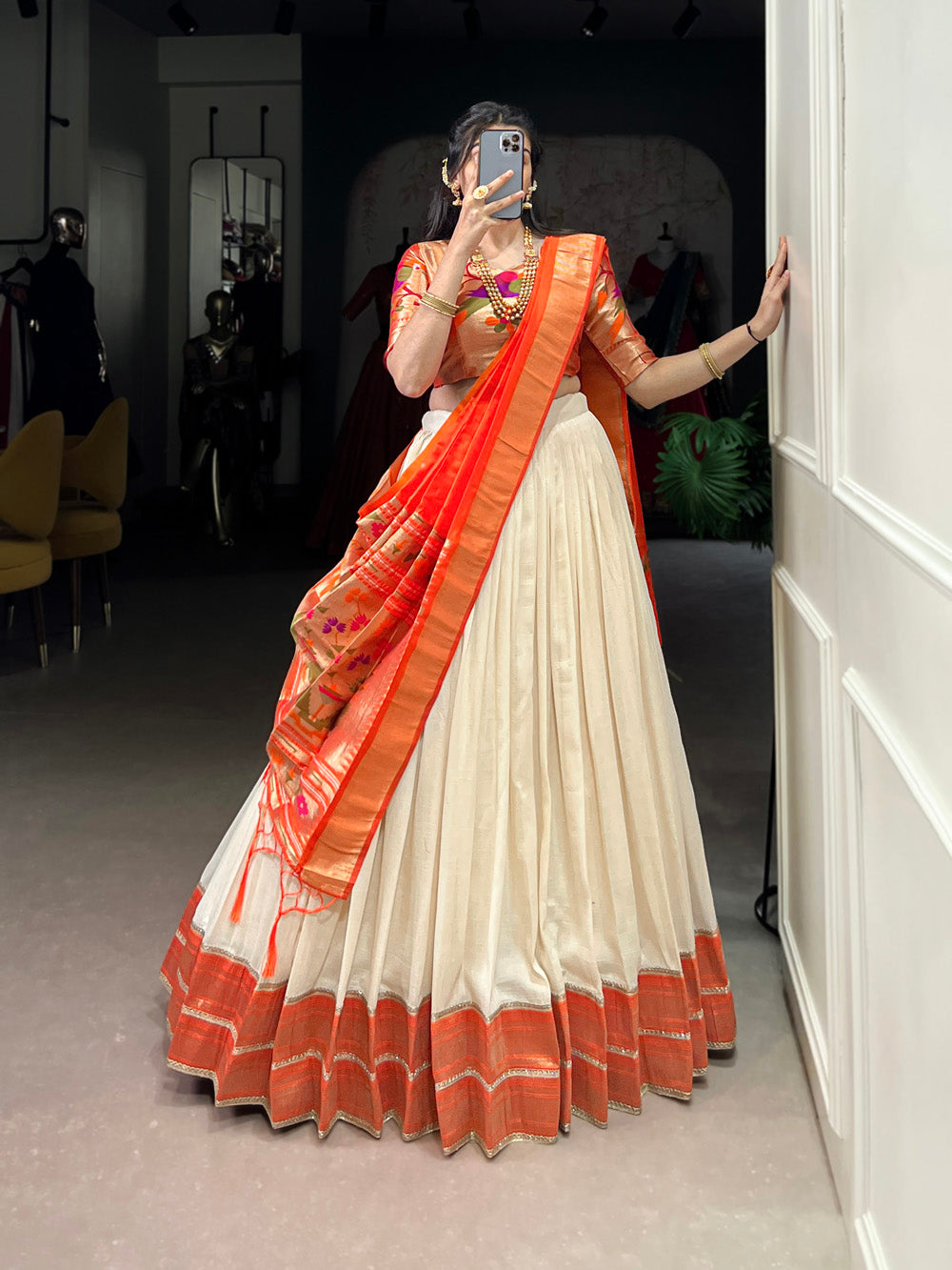 White Color Zari Weaving With Lace Border Vichitra Silk Lehenga Choli