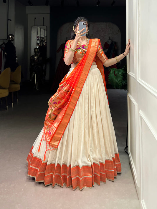 White Color Zari Weaving With Lace Border Vichitra Silk Lehenga Choli